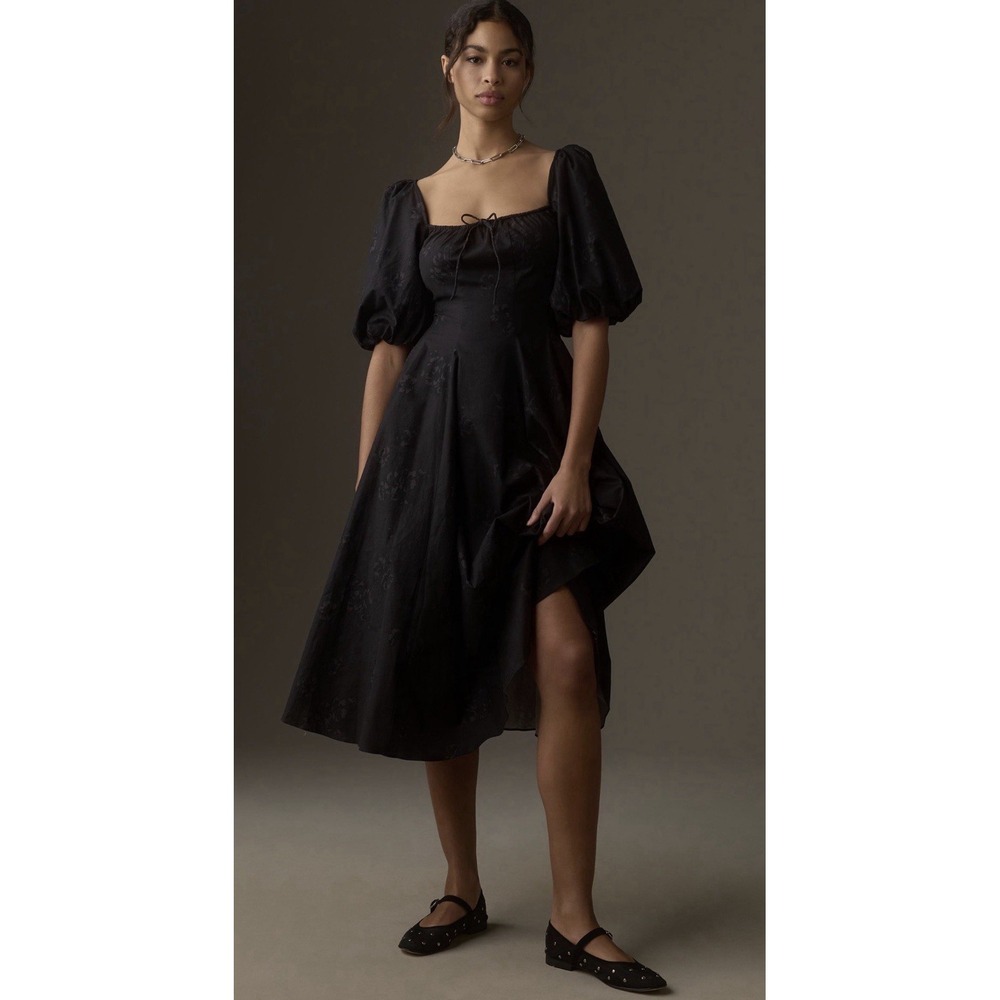 Selkie Brambles Day Midi Dress XS Black Floral Puff Sleeve Romantic Cotton Rare